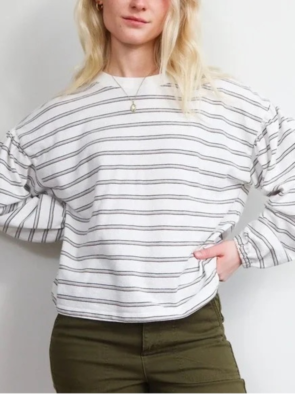 Madewell Cream Tee with Black and Light Blue Stripe Accents